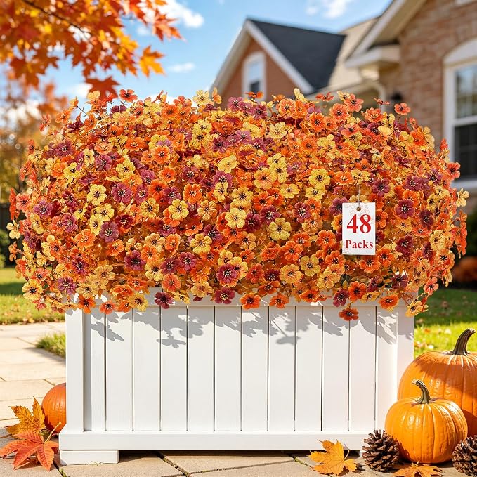 Alupssuc 48 Bundles Artificial Fall Flowers, UV Resistant Faux Mums Porch | Silk & Plastic, 13 Inch Tall, for Indoor Outdoor Planters Yard Patio Window Box, Autumn Outside Realistic Fake Decoration
