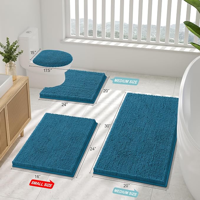 Smiry Bathroom Rugs 24X16, Luxury Chenille Extra Soft Absorbent Bath Mat | Peacock Blue, Machine Washable Non-Slip Plush Bath Mats for Bathroom, Tub, Shower, and Floor, Home Decor