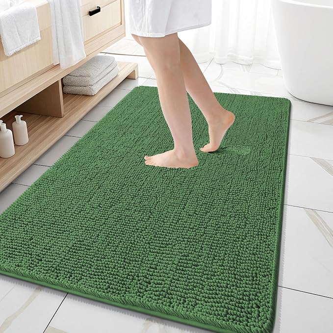 OLANLY Large Bathroom Rugs 59x35, Extra Soft Absorbent Chenille Bath Rugs | Olive Green, Quick-Drying Rubber Backing, Washable Bath Mat for Bathroom Floor, Tub and Shower, Home Decor Accessories