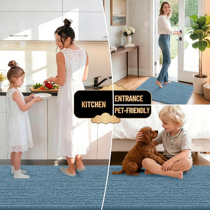 OLANLY Thick Chenille Bathroom Runner Rugs Mats 47x24, Airy Blue | Soft Absorbent Bath Rugs, Rubber Backing, Machine Wash Dry, Bath Mats for Bathroom, Tub and Shower, Home Decor Accessories