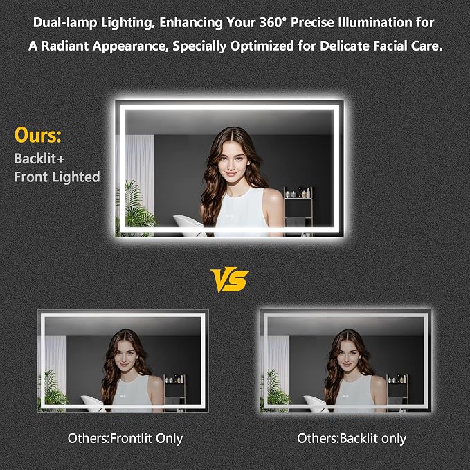 LED Bathroom Mirror 55"x36" Inch Lighted Bathroom Vanity Mirror with Lights, Large, Brighter Frontlit and Backlit Light up Anti Fog Mirror, Tempered Glass, 3-Color Dimmable, Memory Function