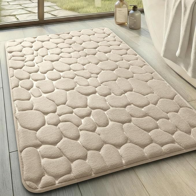 Memory Foam Bath Mat Cobblestone Bathroom Rugs Super Water Absorbent Bath Mats for Bathroom Machine Washable Bath Rugs(24 x 36,Khaki)