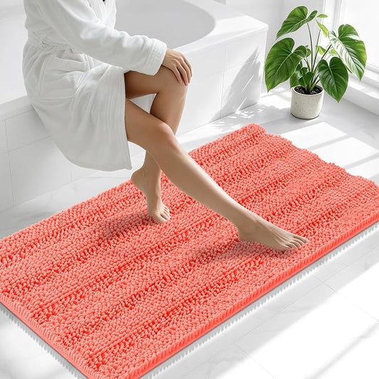 Smiry Thick Chenille Bathroom Runner Rugs 59x20, Absorbent Bath Mat, Coral | Quick‑Dry & Machine Washable, Non‑Slip Bath Carpet, Soft Striped Bath Rugs for Tub & Shower, Modern Home Decor Accessories