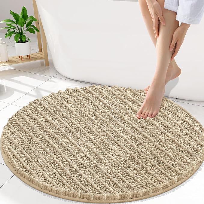 Smiry Bathroom Rugs Round 30X30, Extra Soft Rubber Backing Bath Mats | Beige Machine Washable Non Slip Quick Dry Bath Mats for Bathroom Floor, Tub, Shower, Home Decor Accessories