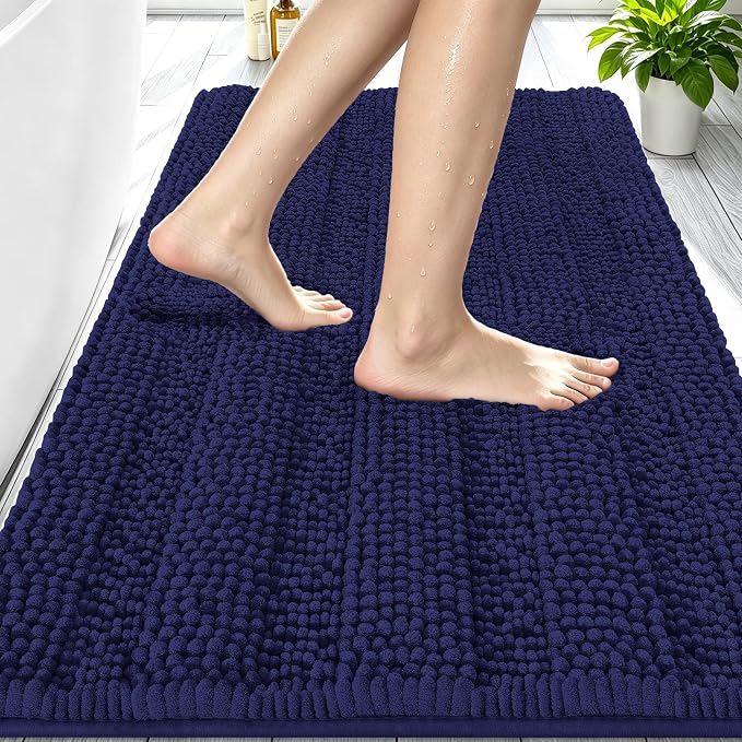 Smiry Thick Chenille Bathroom Rugs 30x20, Soft Bath Mat, Twilight Sapphire | Quick‑Dry & Machine Washable, Non‑Slip Bath Carpet, Striped Bath Rugs for Tub & Shower, Modern Home Decor Accessories