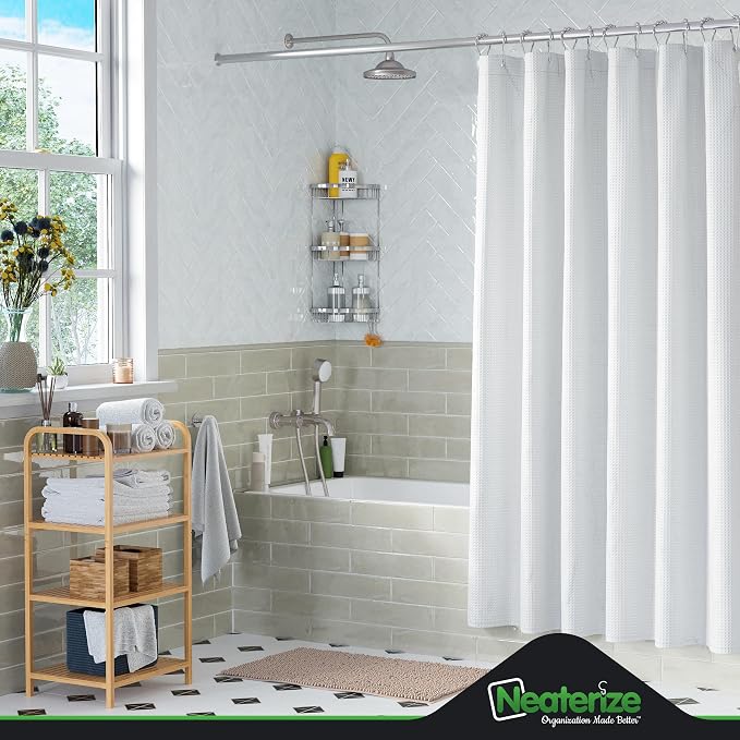 NEATERIZE Shower Curtain White - Hotel Style Shower Curtains for Bathroom with Waffle Design, 72x72 Inches - White Fabric Shower Curtain - Cortinas de Baño Elegantes