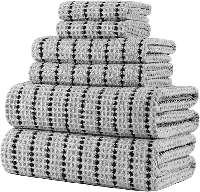 POLYTE 430 GSM Poly Blend Microfiber Quick Dry Waffle Bath Towel Set of 6 | 2-Body Towels, 2-Hand Towels, 2-Wash cloths, Oversize, Lint Free