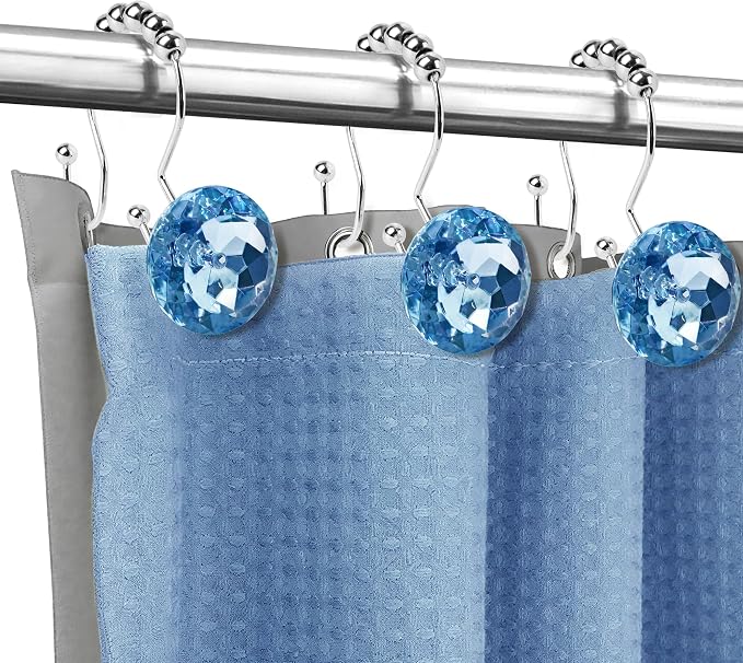 Sunlit Luxury Design Round Blue Diamond Crystal Gem Bling with Glide Balls Double Shower Curtain Hooks, Rust Proof Metal Rhinestones Glam Shower Curtain Rings-12 Pack