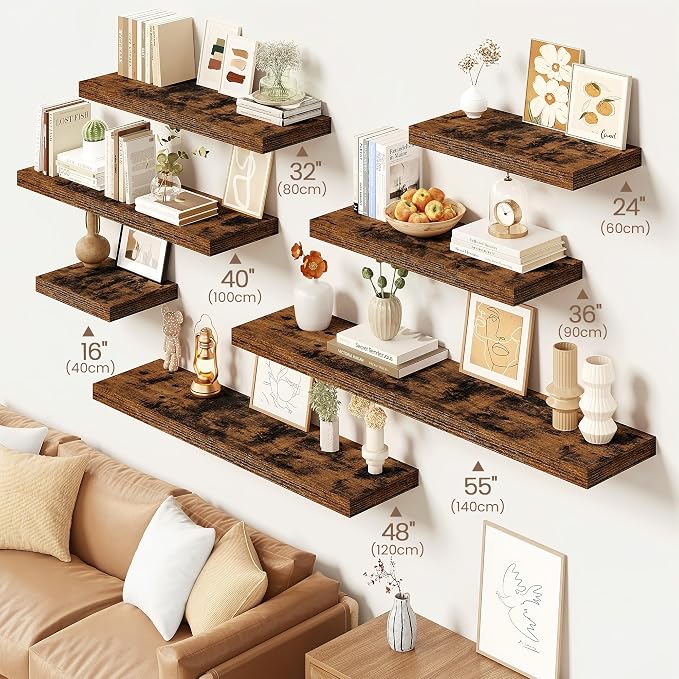 Vivelove Floating Shelves 9 inch Deep 32”Long Set of 2, Rustic Brown | Easy Install With Hardware, 1.5" Thick, Invisible Brackets, Wall Mounted, No Sagging, For Any Room