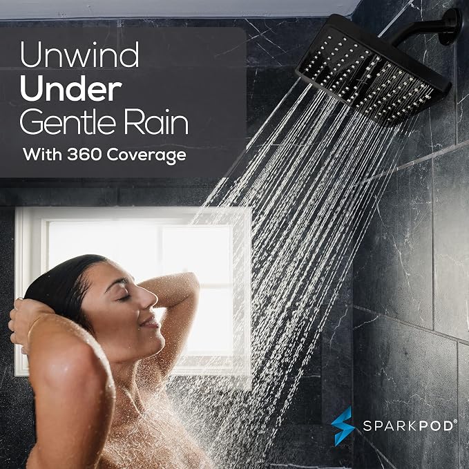 SparkPod Rain Shower Head, 8 Inch Square, Midnight Black Matte Finish | High Pressure Shower Heads, 90 Nozzles, Adjustable Showerhead, No Tools Needed, Universal Connection