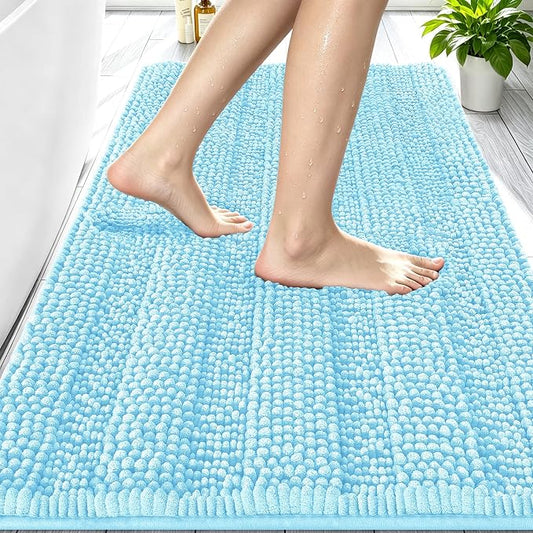 Smiry Thick Chenille Bathroom Rugs 30x20, Soft Absorbent Bath Mat, Sky Blue | Quick‑Dry & Machine Washable, Non‑Slip Bath Carpet, Striped Bath Rugs for Tub & Shower, Modern Home Decor Accessories