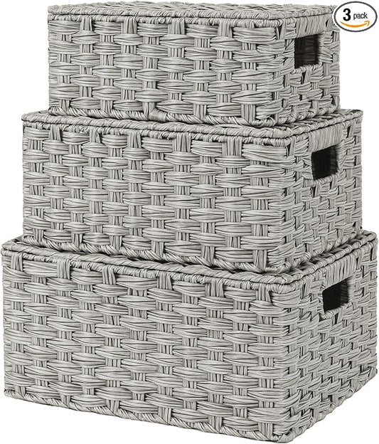 GRANNY SAYS Wicker Basket with Lid, Wicker Storage Baskets for Shelves | Woven Baskets with Lids, Wicker Baskets for Storage, Decorative Storage Boxes, Woven Stackable Basket with Lid, 3 Pack