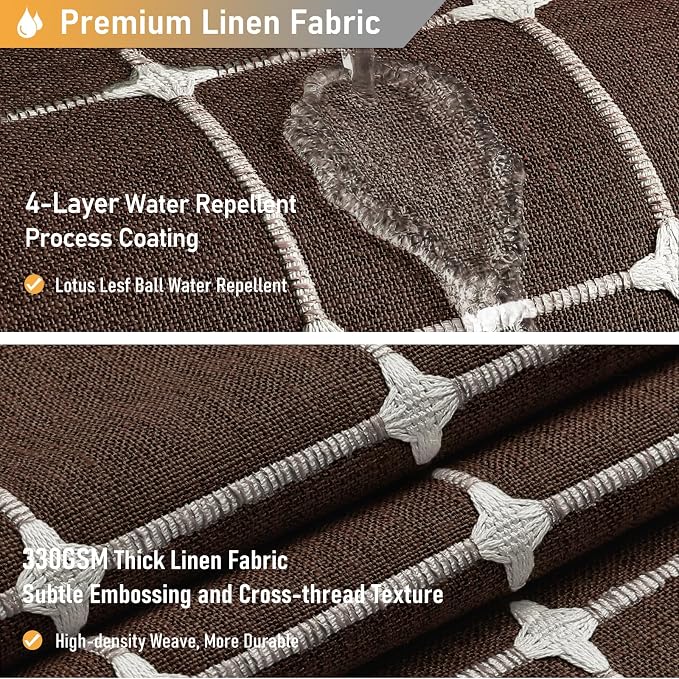 Brown Boho Farmhouse Linen Heavy Duty Fabric Shower Curtain Set, 72x72 | 330GSM Linen Blend, Classic Plaid, 3-side Tassels, Water Repellent Cloth, 12 Plastic Hook, Rustic Bohemian, Machine Washable