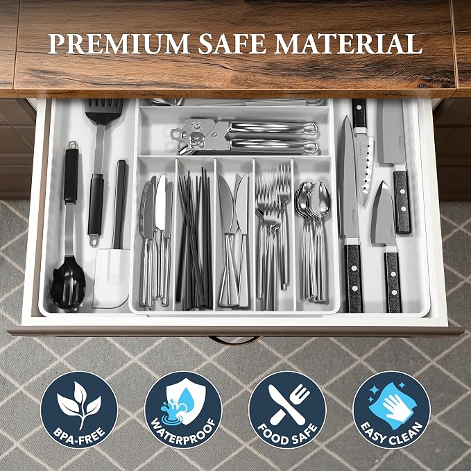 Simple Houseware Expandable Kitchen Drawer Flatware Organizer, White | Expandable & Adjustable Cutlery Drawer Organizer - Large Utensil and Flatware Tray for Kitchen Drawers