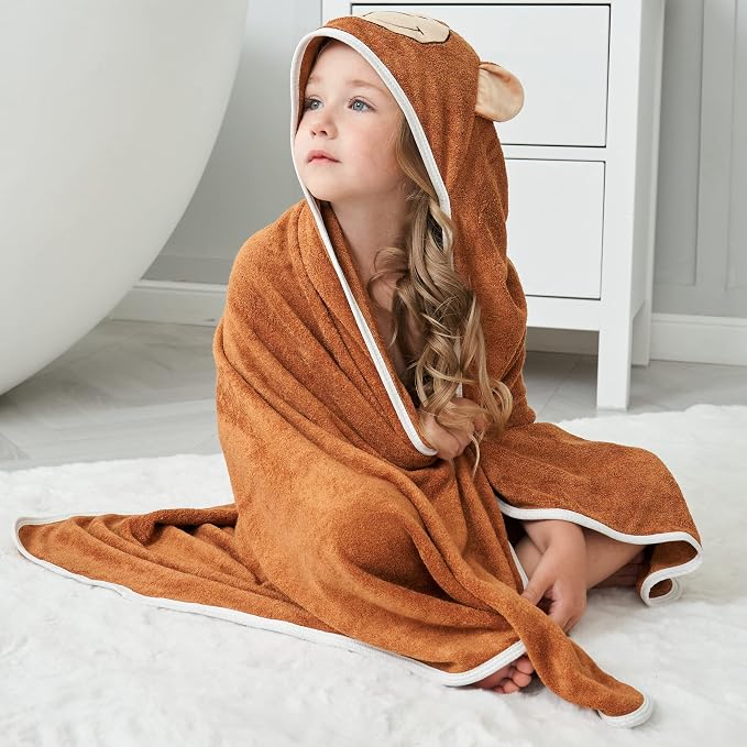 HIPHOP PANDA Ultra Soft Hooded Baby Towel - 2-Layer Thick 500GSM Absorbent | Rayon Made from Bamboo, Hooded Bath Towel for Newborn, Infant, Toddler, Baby Registry - Monkey, 30x30 In