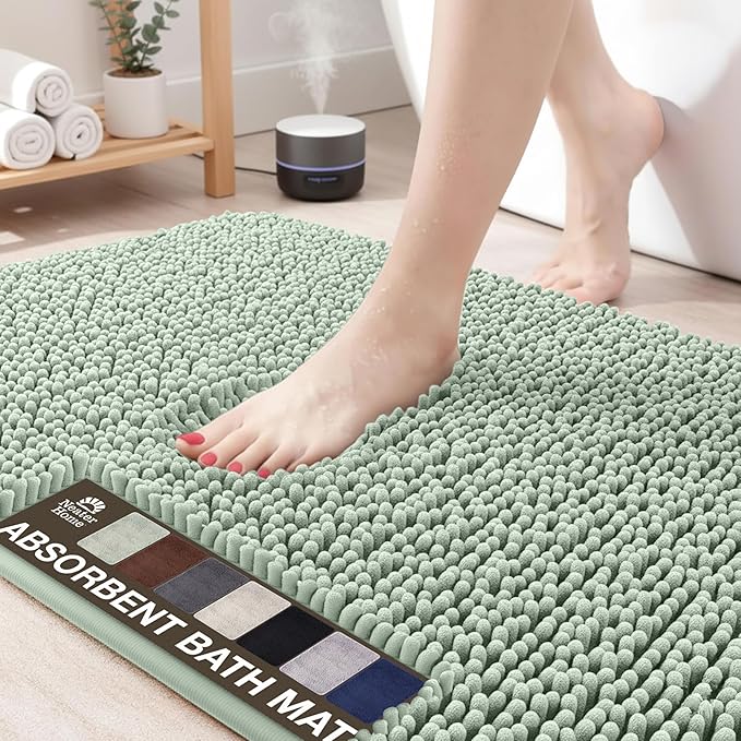 Neater Home Plush Bathroom Rugs 30x20 Thick Chenille Quick Dry Microfiber Absorbent Bath Mat, Soft Bath Rugs, Machine Washable Bathroom Floor Mat for Tub Shower Sink, Home Decor Accessories, Green