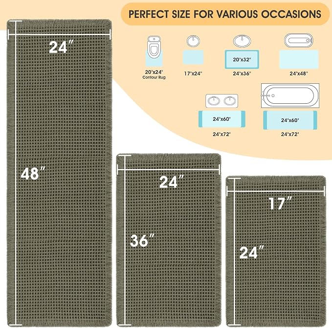 Waffle Bath Mat Set 3 Piece Olive Green,Woven Modern Bath Rug Mats, Absorbent Non Slip Bath Floor Mat, Soft Washable Boho Bath Rugs with Tassels for Bathroom, Bedroom, Kitchen,Tub