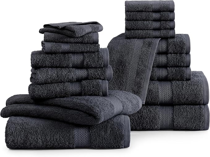 LANE LINEN Bath Towel Set Quick Dry 100% Cotton 18 Piece Soft - Black | Cotton Bath Towels - Classic Terry Weave, Densely Woven & Durable, Easy-Care, Coordinated Colors