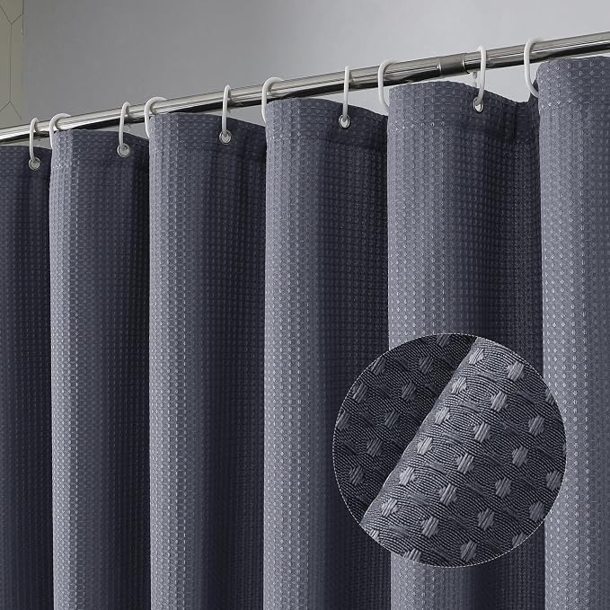 Long Fabric Shower Curtain Set, Waffle Textured Shower Curtain for Bathroom - Weight 230GSM Heavy Duty Hotel Spa Luxury Bath Curtain Set with 12 Plastic Hooks, 72x78, Grey