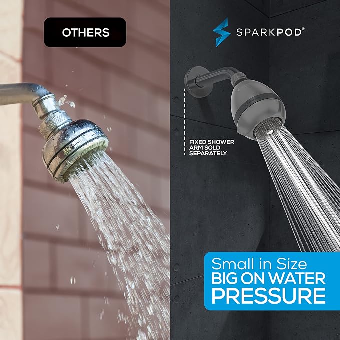 SparkPod High Pressure Shower Head, 3 Inch Fixed Showerhead, Charcoal Grey | Rain, Pulsating & Combo Modes, Helps Boosts Low Water Pressure, Anti-Clog Nozzles, Easy Install
