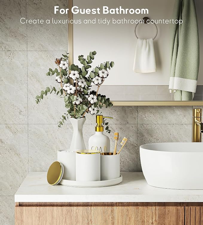 6Pcs White&Gold Bathroom Accessories Set with Tray, Bathroom Counter Sets | Perfect For Creating A Clean, Modern Bathroom Countertop In Apartments, Master Bathrooms, Guest Bathrooms And Airbnb Spaces.