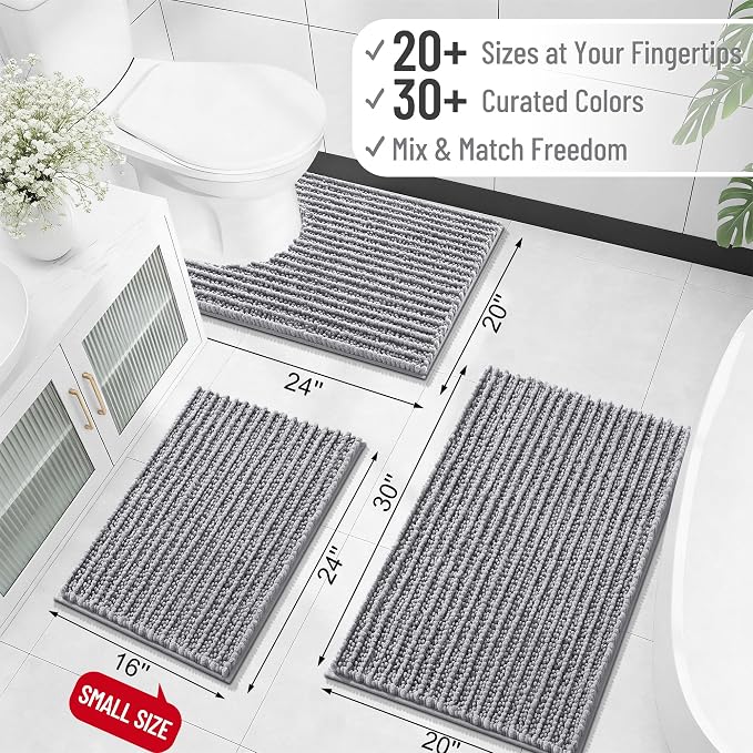 OLANLY Large Bathroom Rugs 44x32, Thick Soft Absorbent Chenille Bath Rugs | Grey, Quick-Drying Rubber Backing, Shaggy Bath Mat, Machine Washable for Floor, Tub and Shower, Home Decor Accessories
