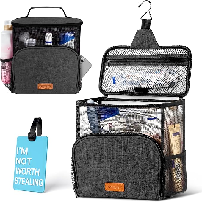 Hanging Toiletry Bag, Shower Caddy Tote Bag (Updated Version, Full Size Bottle Compatible), Bath Organizer for College Dorms, Gym, Camp, Women Men, with Funny Luggage Tag