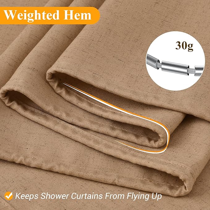 Camel Linen Shower Curtain, Country Boho Farmhouse Bath Decor Shower Curtains Neutral Cloth Weighted Textured Fabric Bath Curtain Liner with Hooks, 72x72
