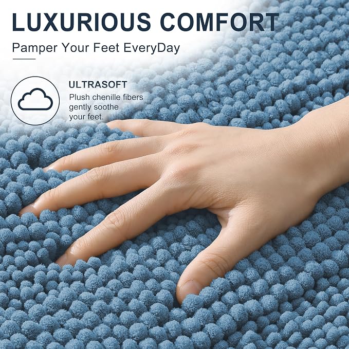 Smiry Thick Chenille Toilet Rugs U-Shaped 24x20, Soft Bath Mat, Airy Blue | Absorbent Striped Contour Bathroom Rugs, Machine Washable, Dry Quickly, Non‑Slip, Modern Home Decor Accessories