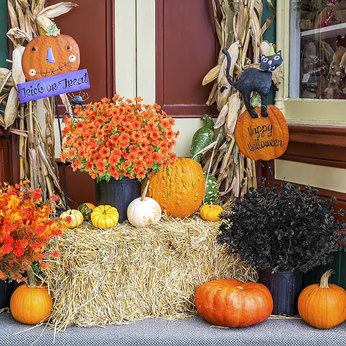 AGIRL Artificial Fall Flowers Fake Mums Outdoor,Faux Plant Porch Decor Home | 16 Bundles,No Fade Autumn Plastic Flowers for Thanksgiving Decoration,Hanging Planters Outside Pottery Barn Garden Patio