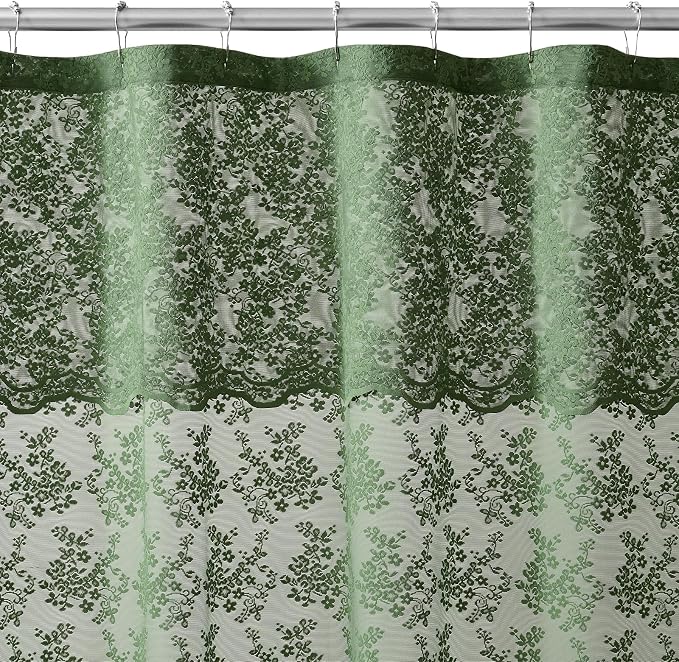 Green Lace Shower Curtain 72x84, 84 Inches Long with Attached Valance | Scalloped Trim, Floral Lace Fabric, Sheer Shower Curtain for Vintage Cottagecore Tall Bathrooms, Machine Wash