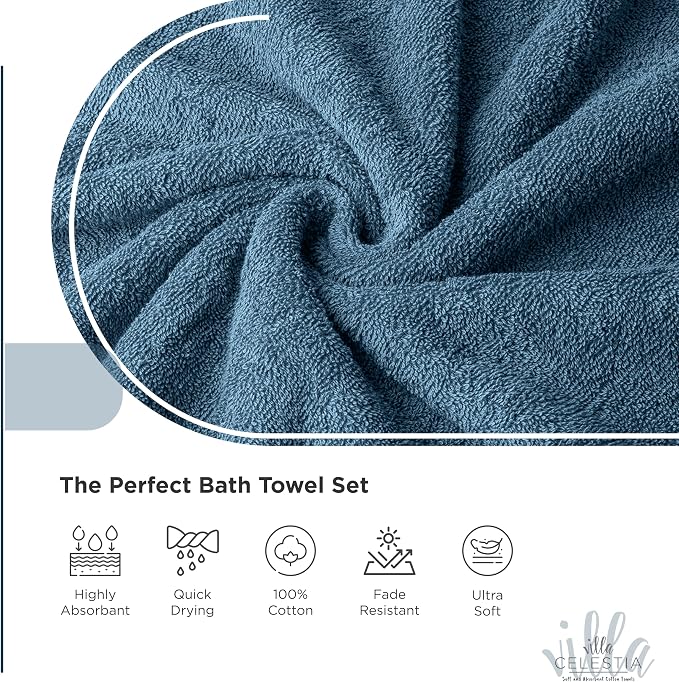 Villa Celestia 12-Piece 100% Cotton Towel Set, 4 Bath Towels, 4 Hand Towels, 4 Wash Cloth, Quick-Dry, Blue