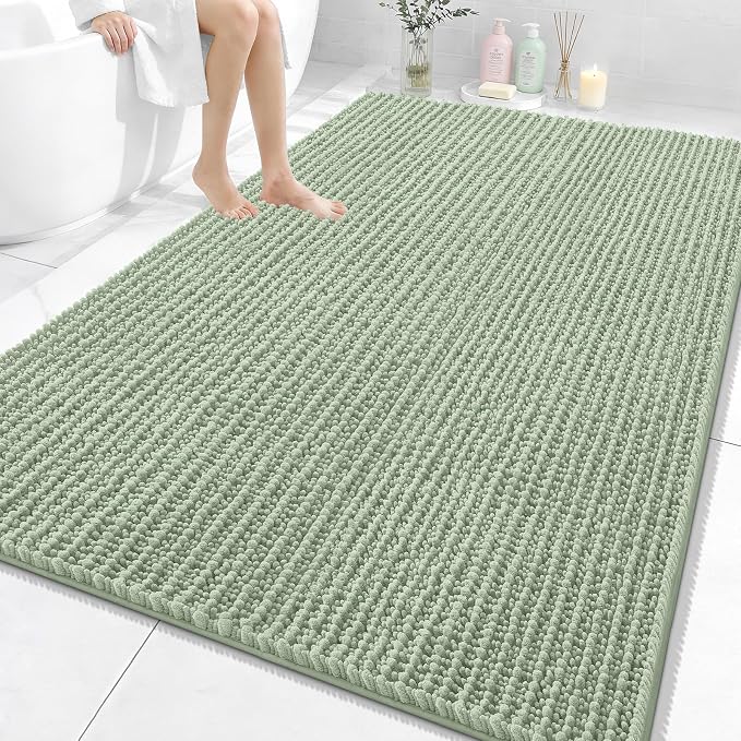 OLANLY Large Bathroom Rugs 70x46, Thick Soft Absorbent Chenille Bath Rugs | Sage Green, Quick-Drying Rubber Backing, Shaggy Bath Mat, Machine Washable for Floor, Tub and Shower, Home Decor Accessories