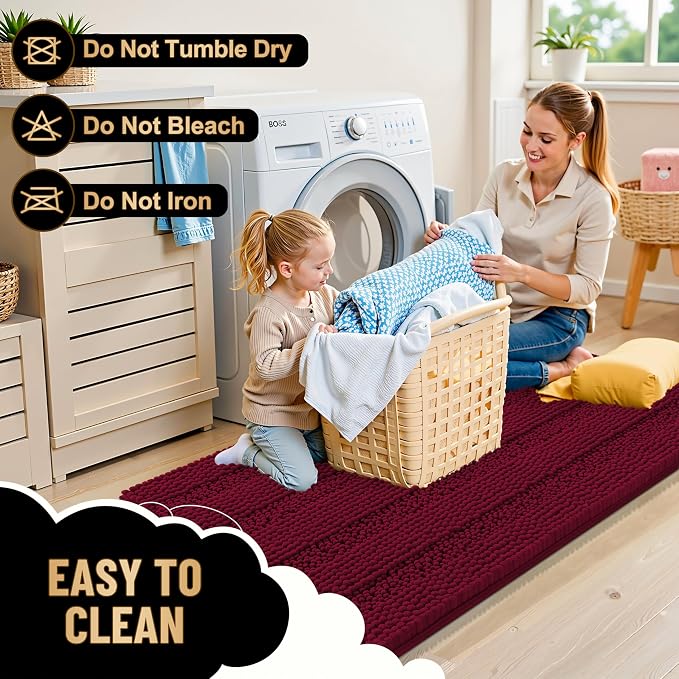 OLANLY Thick Bathroom Runner Rugs 47x24, Soft Chenille Bath Rugs, Burgundy | Absorbent Striped, Rubber Backing, Machine Wash, Long Bath Mats for Bathroom Floor, Tub and Shower, Home Decor Accessories