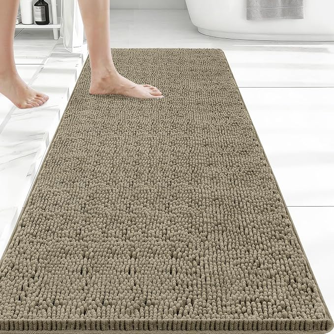 Bcoimo Bath Rug Mat,48x24 High Absorbent Latte Long Bathroom Runner Rugs | No Slip with Rubber Back Chenille Bathroom Mats For Floor,Tub,Shower; Extra Soft, Quick Dry Microfiber mats; Machine Washable
