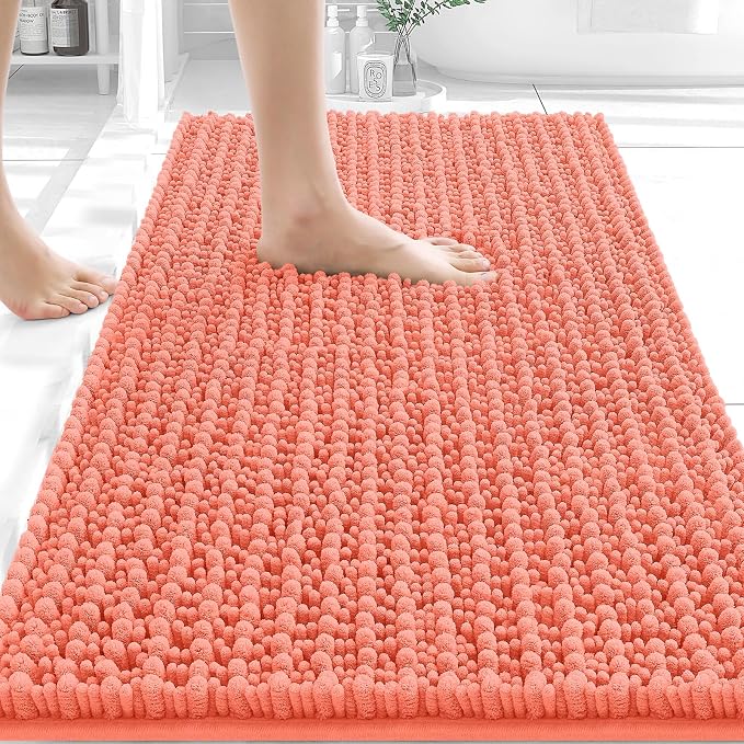 OLANLY Bathroom Rugs 34x21, Thick Soft Absorbent Chenille Bath Rugs | Coral, Shaggy Bath Mat with Quick-Drying Rubber Backing, Machine Washable for Floor, Tub and Shower, Home Decor Accessories