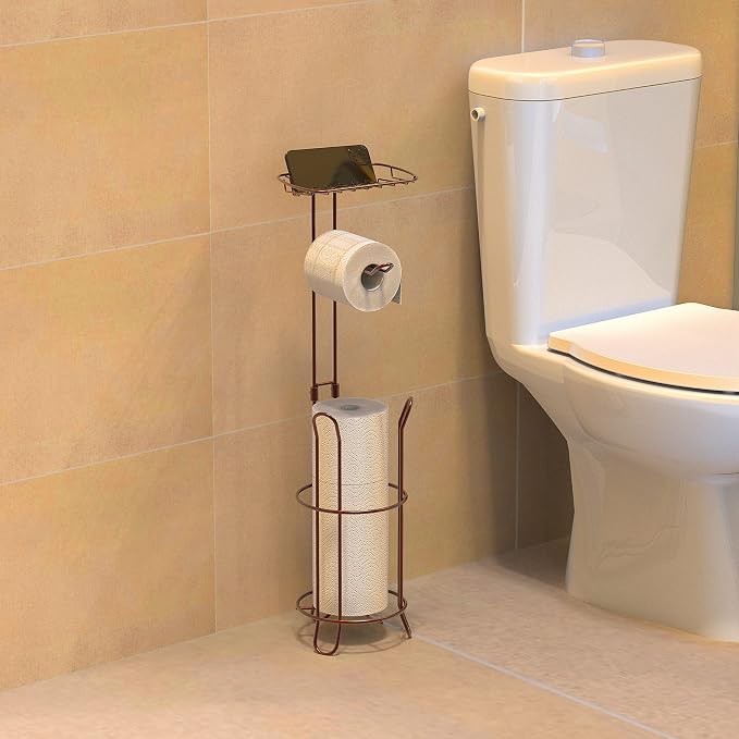 Simple Houseware Toilet Paper Holder Stand w/Cell Phone Wire Shelf, Bronze | 4 Paper Rolls, 7.25" x 7.25" x 23.5", Freestanding Paper Roll Storage for Bathroom
