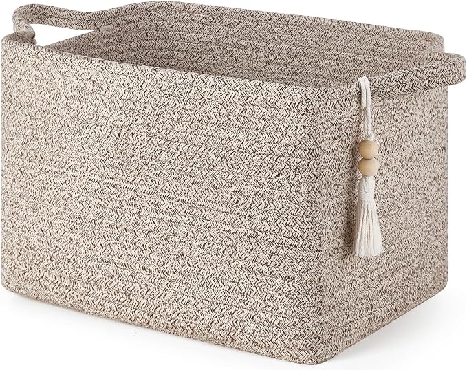 Mkono Woven Storage Basket, Cube Cotton Rope Basket for Shelves, 13"x10"x9" | Organizes Shoes Clothes Toys Towels Books, Gift Basket, Wooden Beads Tassel, Rectangle Bin, Fits Entryway Bedroom Living Room