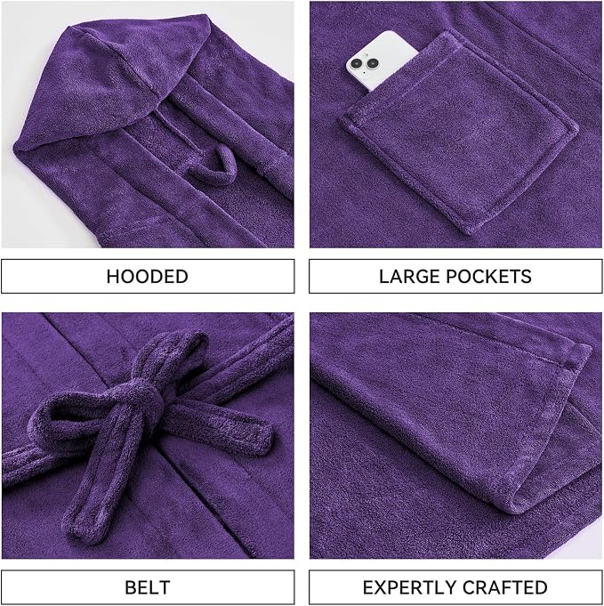 Absorbent Fleece Mens Robe with Hood Warm Cozy Ultra Soft Bathrobe Luxury Quick Dry Spa Towel Robe for Men