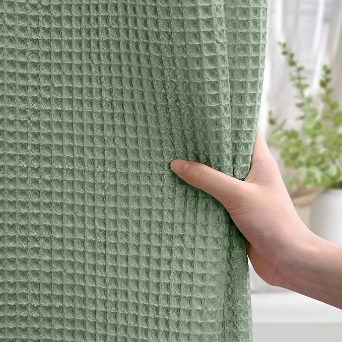 Stall Waffle Shower Curtain Heavyweight Cotton Fabric Sage Green 48Wx72L | Soft Cotton Cloth,3D Square Truely Waffle,Washable, Hotel Luxury Spa, Shower Curtains for Narrow Bathroom 12 Plastic Hooks