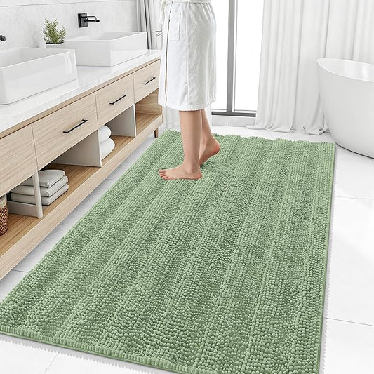 Smiry Thick Chenille Large Bathroom Runner Rugs 59x35, Bath Mat, Sage Green | Quick‑Dry & Machine Washable, Non‑Slip Bath Carpet, Soft Striped Bath Rugs for Tub & Shower, Modern Home Decor Accessories