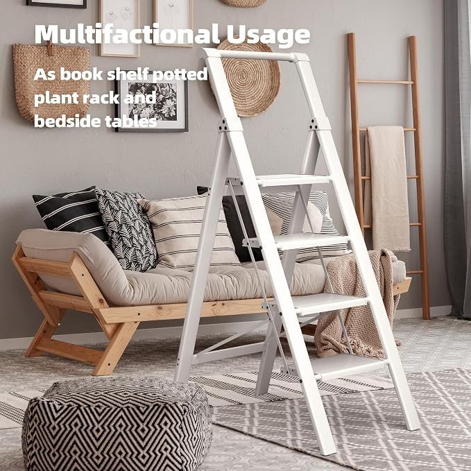 HillhutApex Aluminum 4 Step Ladder, Step Stool Foldable Ladder(White) | Stepladder with Handgrip,Anti-Slip Pedals,330lbs Capacity,Lightweight Folding Ladder for Home,Office,Libaray
