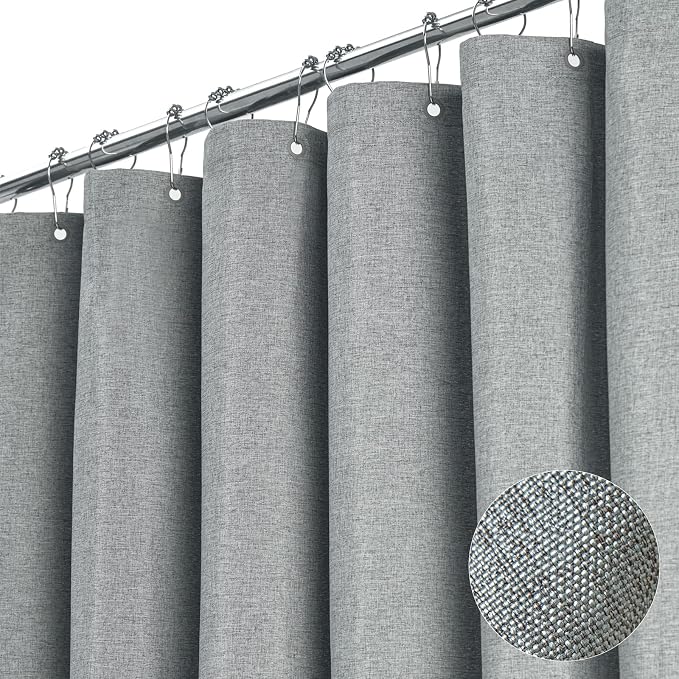54x78 Linen Textured Waterproof Fabric Shower Curtain Set, Grey/Gray | Narrow Long Size, 230GSM Polyester, Heavy Duty Cloth, Weighted Hem, 10 Hooks, Modern Luxury Hotel Style, Machine Washable