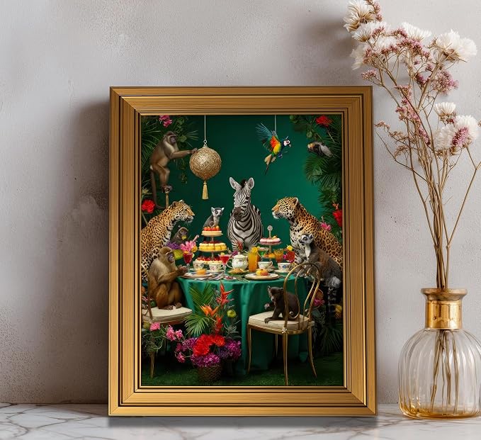 Vintage Gold Framed Jungle Animal Wall Art Colorful Safari Dinner Tea Party Picture Wall Decor Zebra Cheetah Monkey Poster Tropical Plants Painting Canvas Print Artwork for Kitchen Dining Room