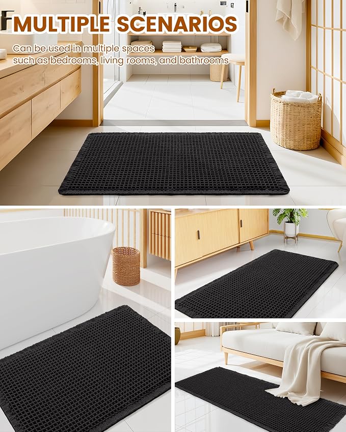 Smiry Waffle Bath Mat 30X20, Extra Soft Absorbent Bathroom Rugs, Black | Non Slip Machine Washable Quick Dry Bath Rugs for Bathroom Floor, Tub, Shower, Home Decor Accessories