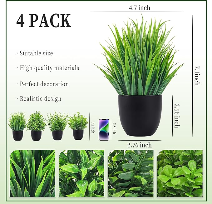Der Rose 4 Pack Small Fake Plants in Black Pots, Bathroom Office Decor | No-watering artificial plants, gothic black pot style, for shelf desk office kitchen table and Halloween fall home decor