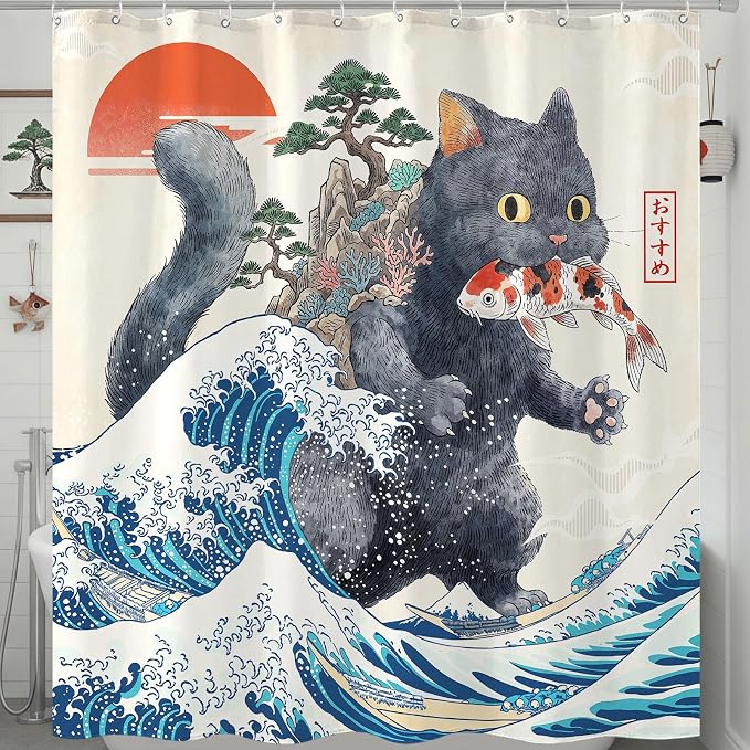 Accnicc Funny Black Cat Shower Curtain for Bathroom 72 X 72 Inch | Fun Cool Cat Shower Curtains, Japanese Ocean Wave Kids Bath Curtain Decor, Water-Resistant Washable Polyester Fabric