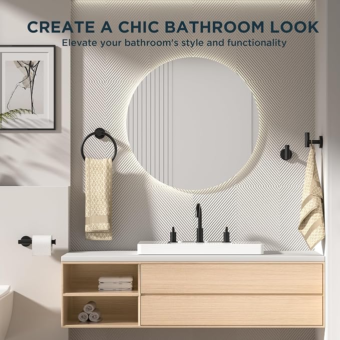 FORIOUS Bathroom Accessories Set, 4-Piece Bathroom Hardware Set | Matte Black | SUS304 Stainless Steel Towel Ring, 2 Towel Hooks, and Toilet Paper Holder Wall Mounted