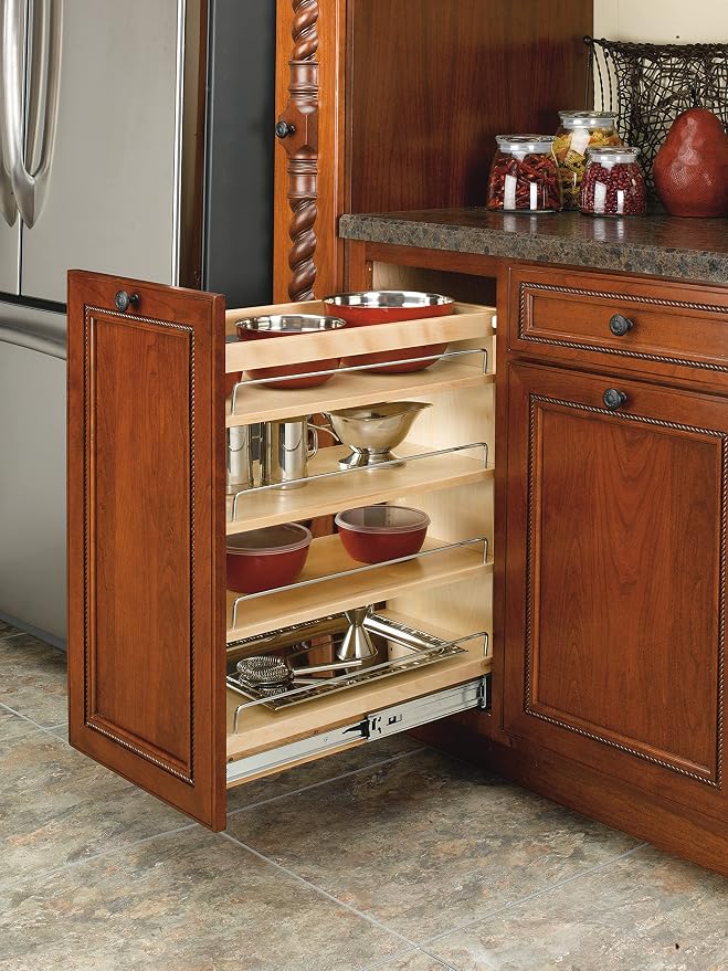 Rev-A-Shelf Maple Pullout Organizer w/ BLUM Soft-Close for Base Cabinets, Full Extension Slides & Adjustable Shelves, Min Opening Width of 11.5", 448-BCSC-11C