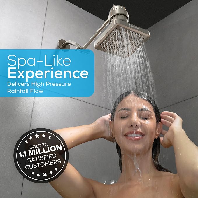 SparkPod Rain Shower Head, 6 Inch Square, Elegant Brushed Nickel Finish | High Pressure Shower Heads, 90 Nozzles, Adjustable Showerhead, No Tools Needed, Universal Connection